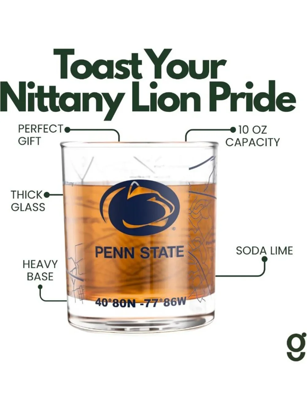 Set of 2 Penn State Whiskey Glasses - 10 oz Rocks Glasses with Logo & Campus Map